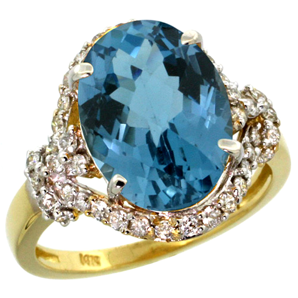 14k Yellow Gold Natural London Blue Topaz Ring Diamond Halo Oval 14x10mm, 3/4 inch wide, sizes 5 - 10