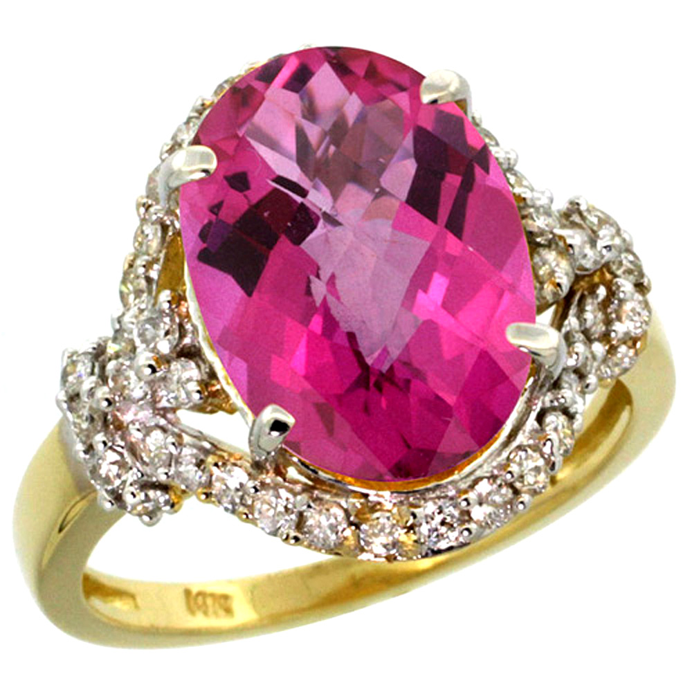 14k Yellow Gold Natural Pink Topaz Ring Diamond Halo Oval 14x10mm, 3/4 inch wide, sizes 5 - 10