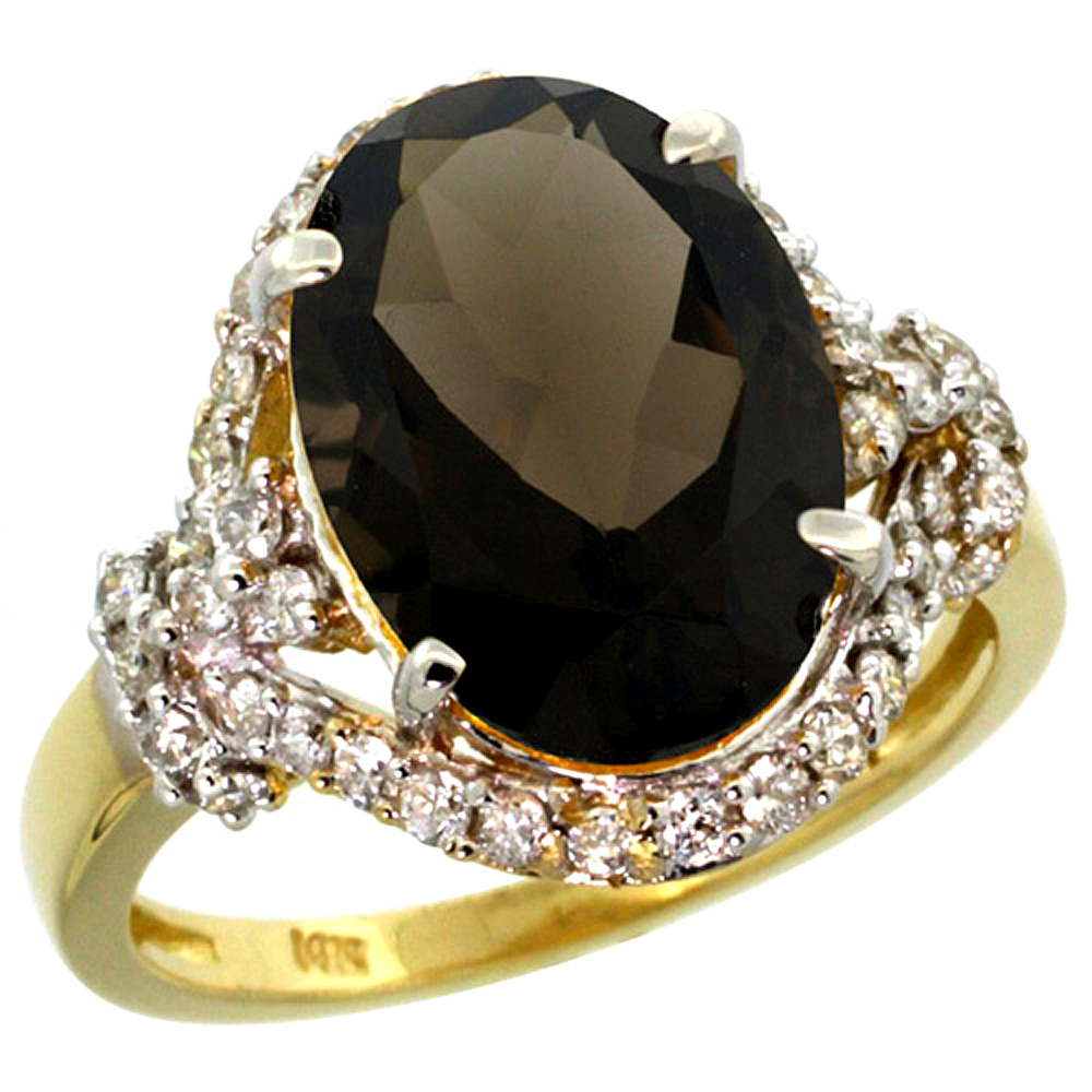 14k Yellow Gold Natural Smoky Topaz Ring Diamond Halo Oval 14x10mm, 3/4 inch wide, sizes 5 - 10