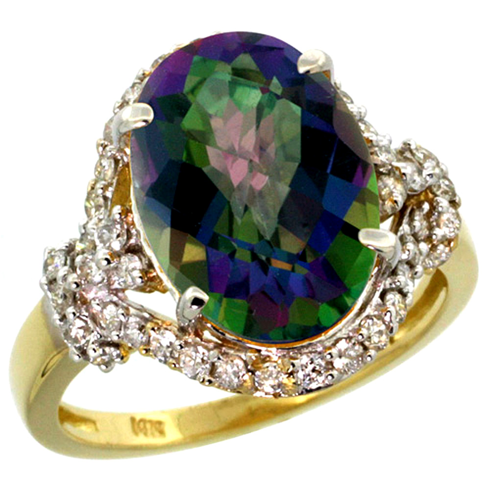 14k Yellow Gold Natural Mystic Topaz Ring Diamond Halo Oval 14x10mm, 3/4 inch wide, sizes 5 - 10