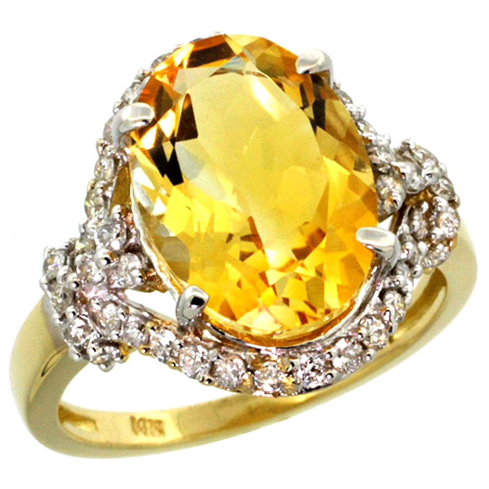 14k Yellow Gold Natural Citrine Ring Diamond Halo Oval 14x10mm, 3/4 inch wide, sizes 5 - 10