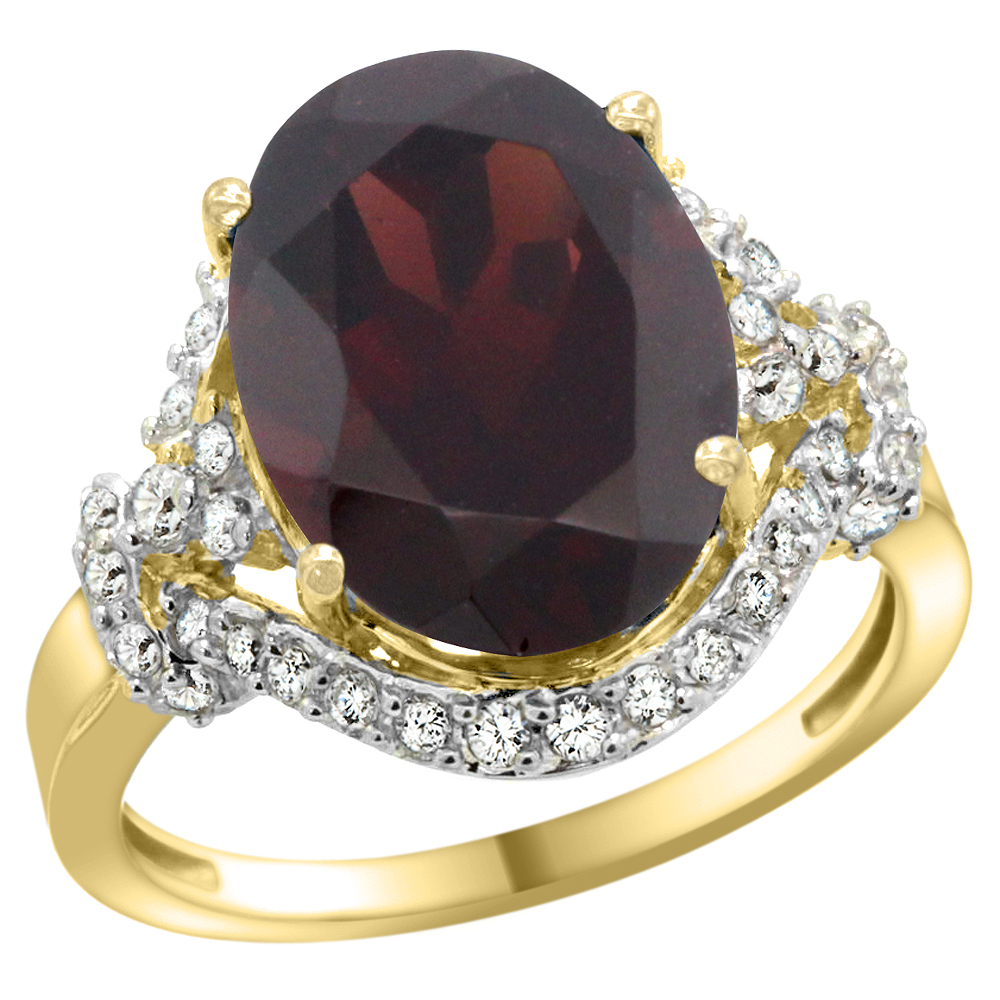 14k Yellow Gold Natural Garnet Ring Diamond Halo Oval 14x10mm, 3/4 inch wide, sizes 5 - 10