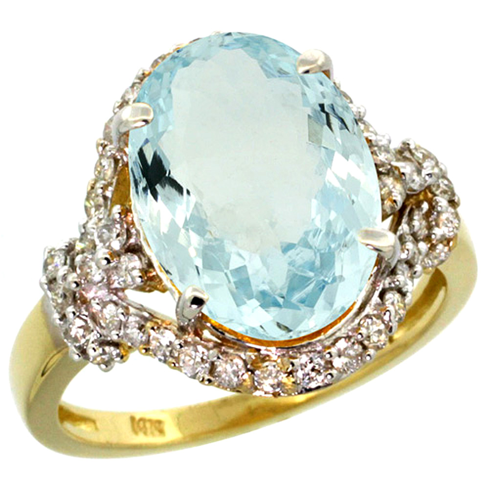 14k Yellow Gold Natural Aquamarine Ring Diamond Halo Oval 14x10mm, 3/4 inch wide, sizes 5 - 10