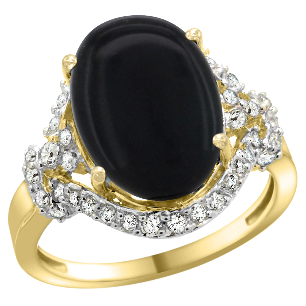 14k Yellow Gold Natural Black Onyx Ring Diamond Halo Oval 14x10mm, 3/4 inch wide, sizes 5 - 10