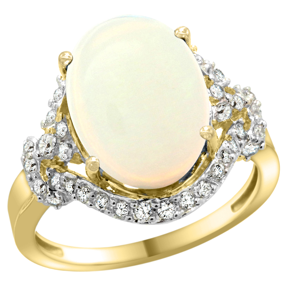 14k Yellow Gold Natural Opal Ring Diamond Halo Oval 14x10mm, 3/4 inch wide, sizes 5 - 10