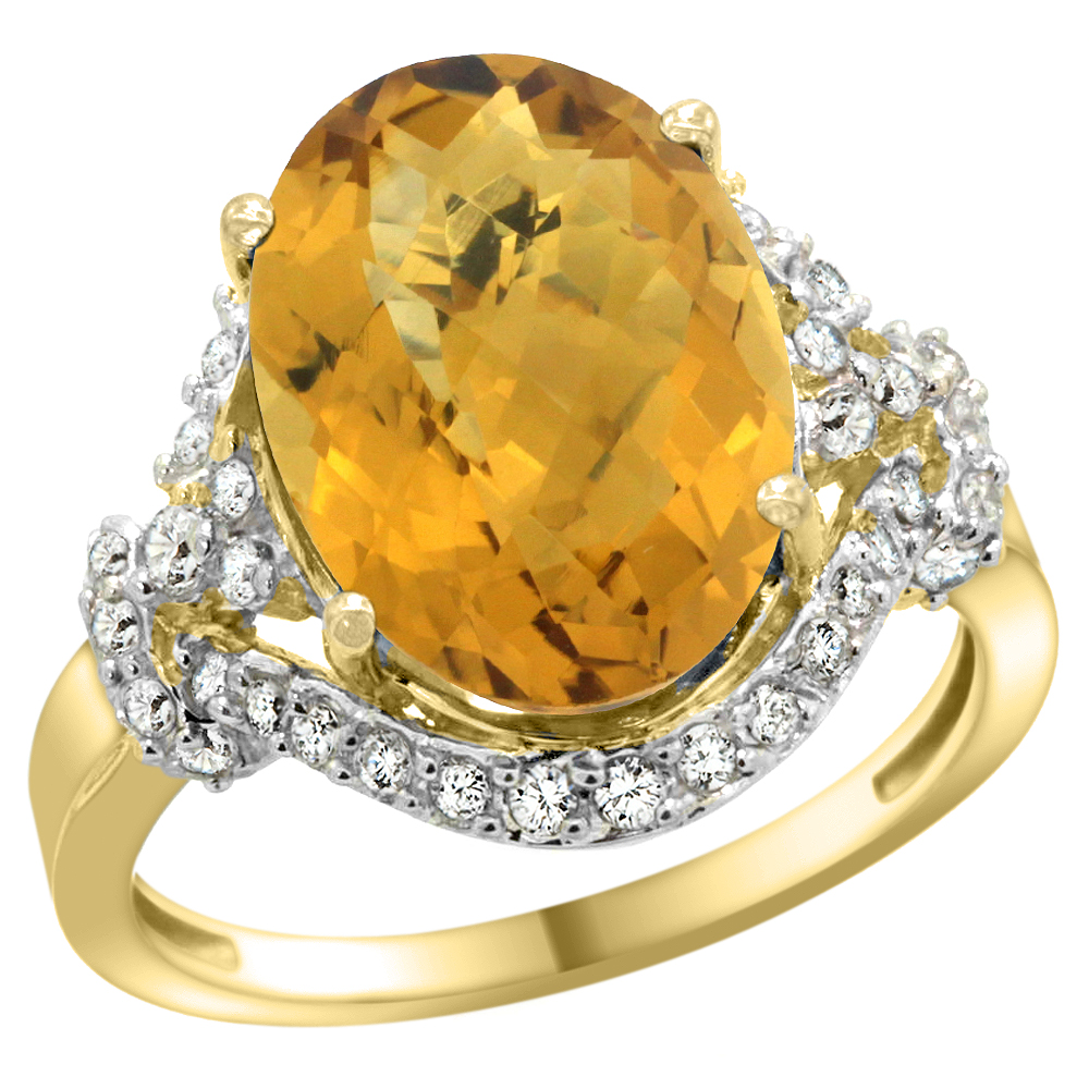 14k Yellow Gold Natural Whisky Quartz Ring Diamond Halo Oval 14x10mm, 3/4 inch wide, sizes 5 - 10