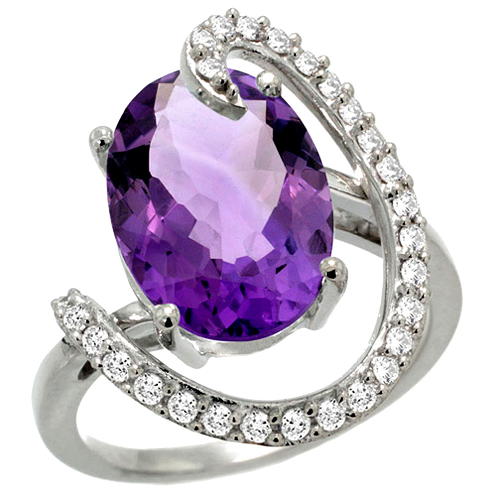 14k White Gold Natural Amethyst Ring Oval 14x10 Diamond Accent, 3/4inch wide, sizes 5 - 10