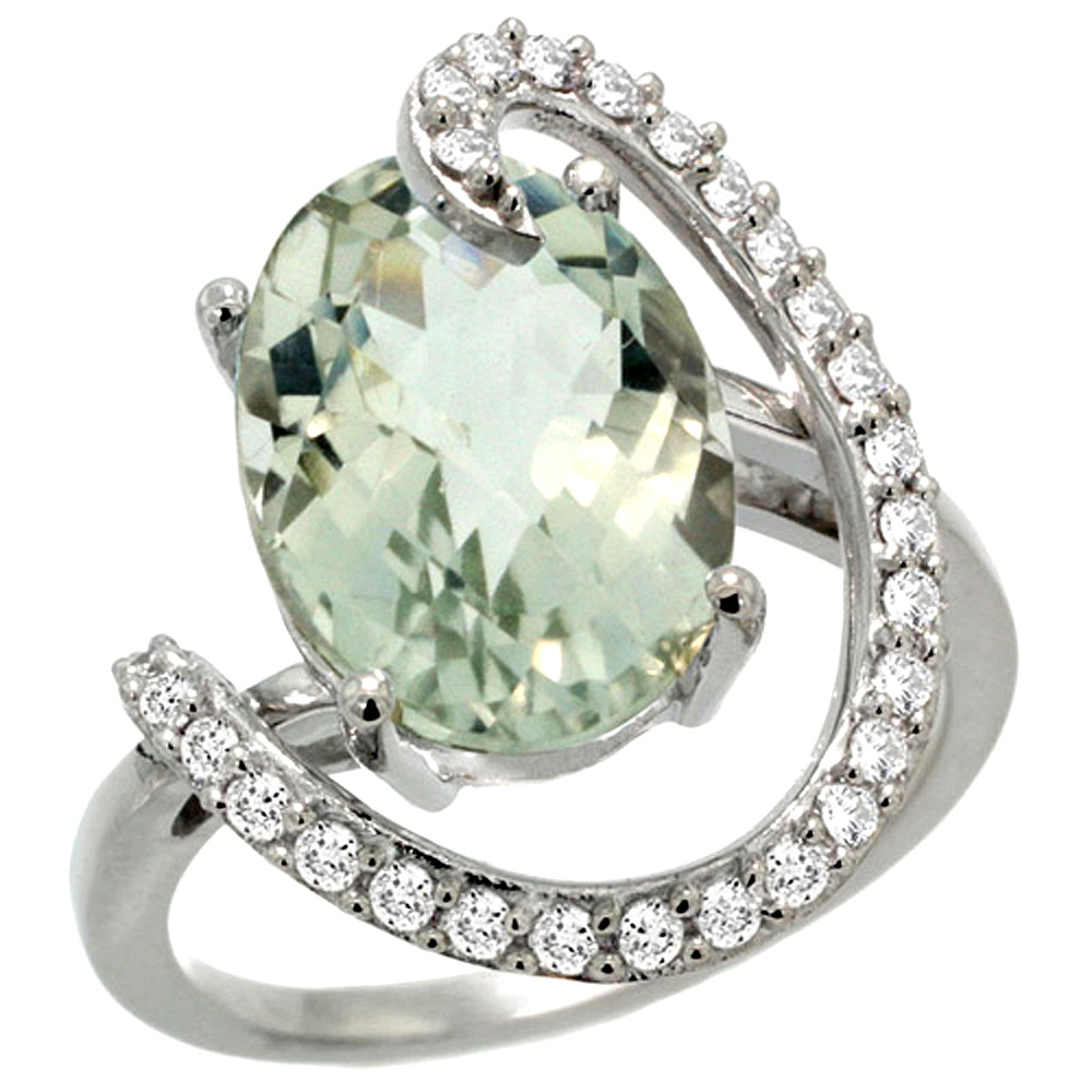 14k White Gold Natural Green Amethyst Ring Oval 14x10 Diamond Accent, 3/4inch wide, sizes 5 - 10