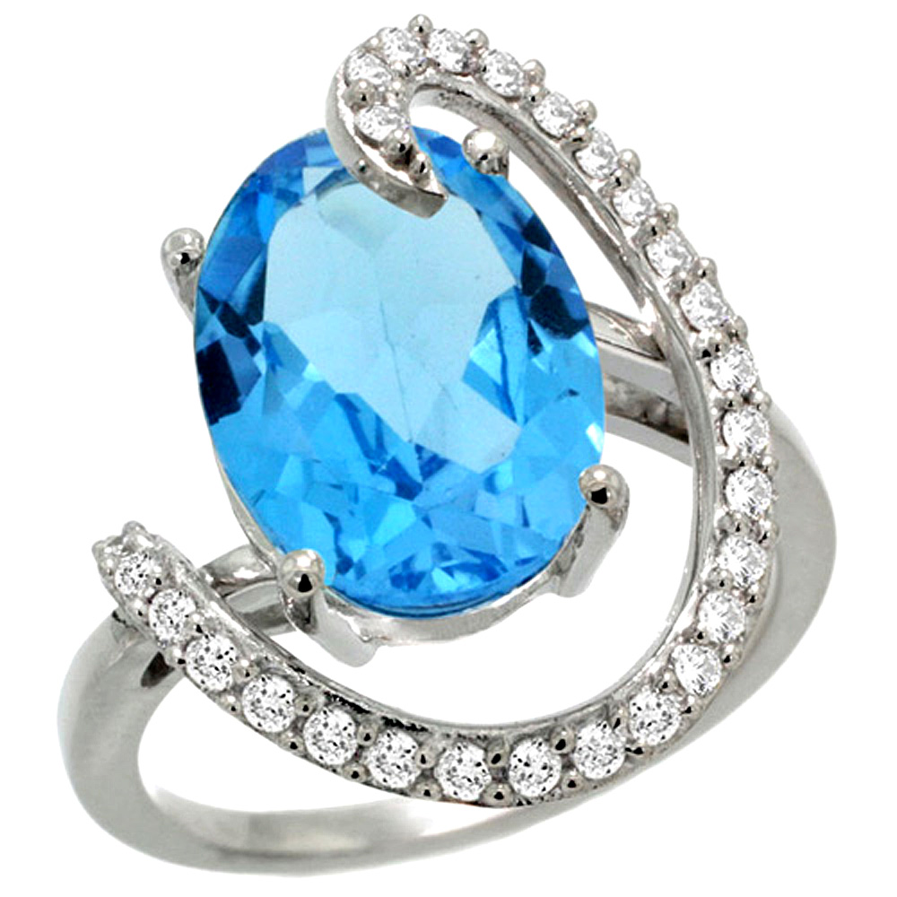 14k White Gold Natural Swiss Blue Topaz Ring Oval 14x10 Diamond Accent, 3/4inch wide, sizes 5 - 10