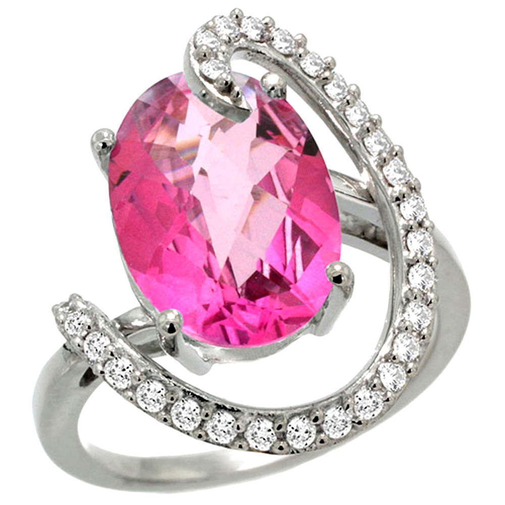 14k White Gold Natural Pink Topaz Ring Oval 14x10 Diamond Accent, 3/4inch wide, sizes 5 - 10