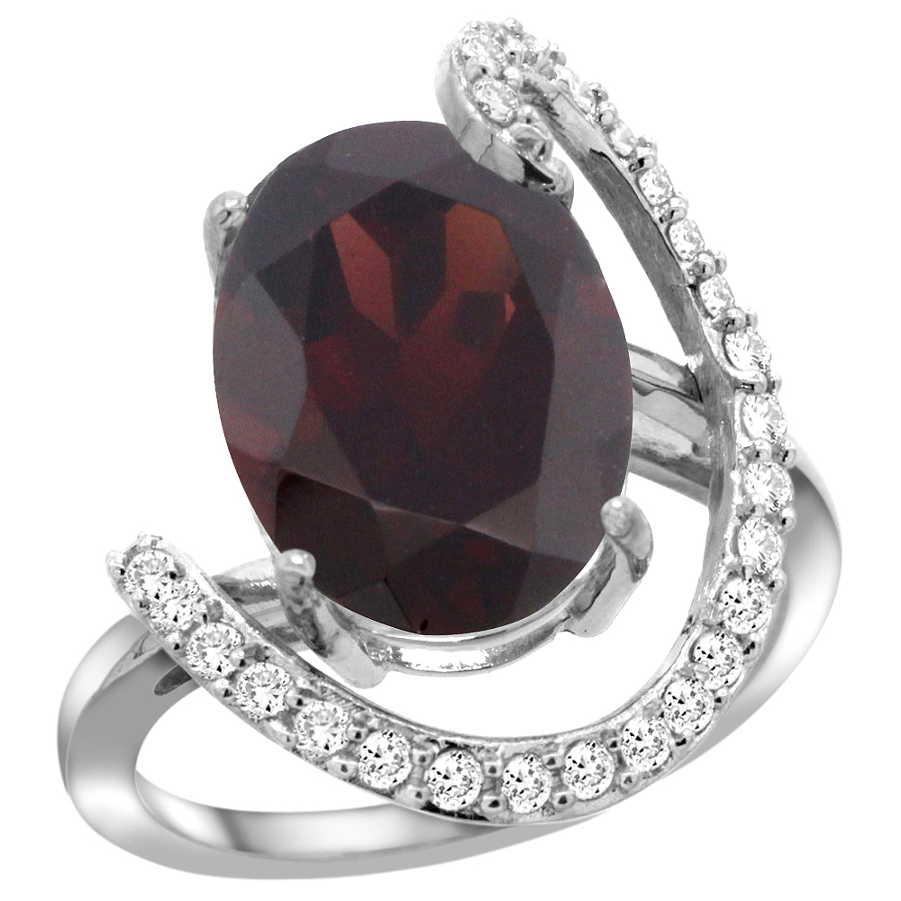 14k White Gold Natural Garnet Ring Oval 14x10 Diamond Accent, 3/4inch wide, sizes 5 - 10