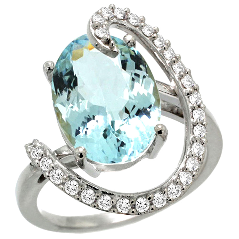 14k White Gold Natural Aquamarine Ring Oval 14x10 Diamond Accent, 3/4inch wide, sizes 5 - 10