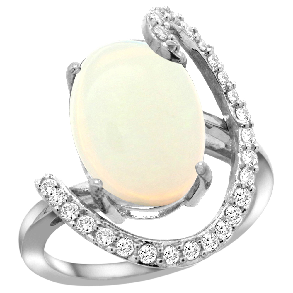 14k White Gold Natural Opal Ring Oval 14x10 Diamond Accent, sizes 5 - 10