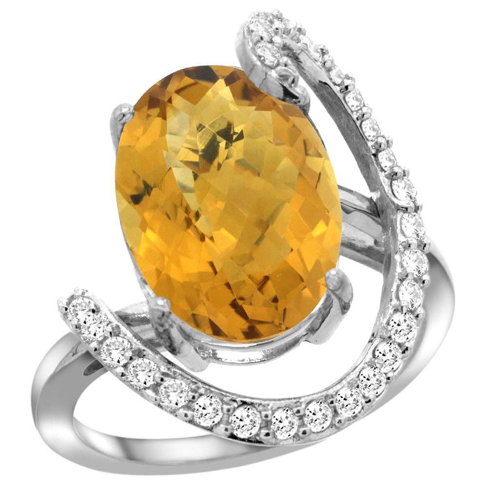 14k White Gold Natural Whisky Quartz Ring Oval 14x10 Diamond Accent, 3/4inch wide, sizes 5 - 10