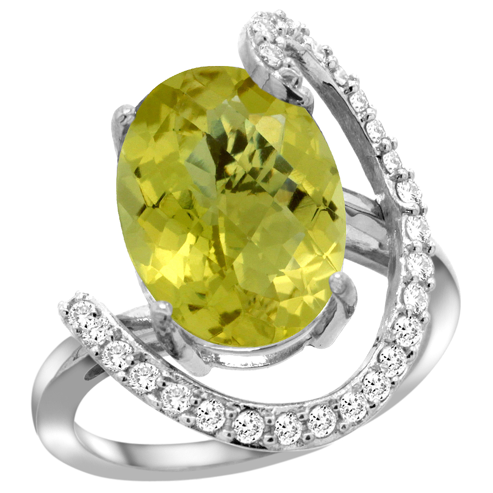 14k White Gold Natural Lemon Quartz Ring Oval 14x10 Diamond Accent, 3/4inch wide, sizes 5 - 10