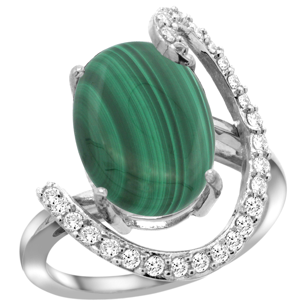 14k White Gold Natural Malachite Ring Oval 14x10 Diamond Accent, 3/4inch wide, sizes 5 - 10