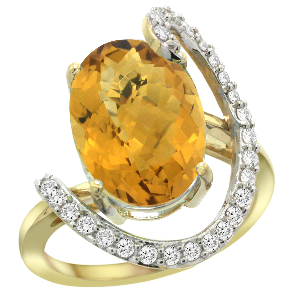 14k Yellow Gold Natural Whisky Quartz Ring Oval 14x10 Diamond Accent, 3/4inch wide, sizes 5 - 10 