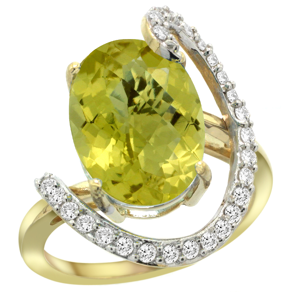14k Yellow Gold Natural Lemon Quartz Ring Oval 14x10 Diamond Accent, 3/4inch wide, sizes 5 - 10 