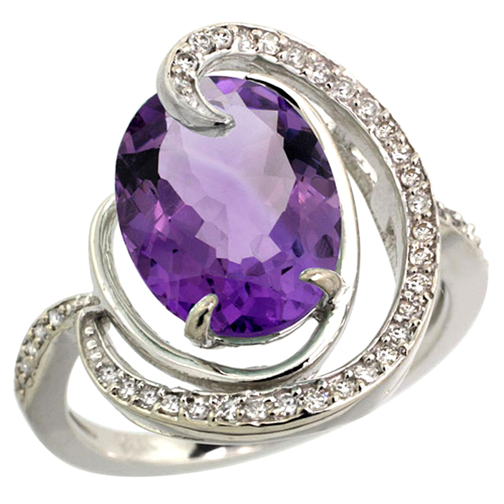 14k White Gold Natural Amethyst Ring Oval 12x10mm Diamond Accents, sizes 5 - 10
