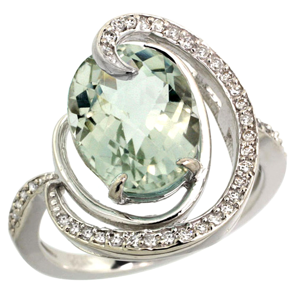 14k White Gold Natural Green Amethyst Ring Oval 12x10mm Diamond Accents, sizes 5 - 10