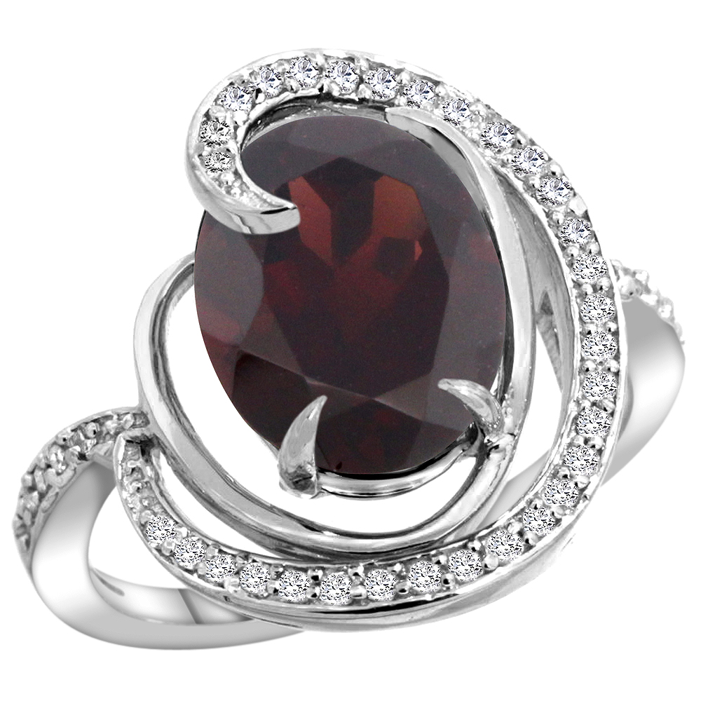 14k White Gold Natural Garnet Ring Oval 12x10mm Diamond Accents, sizes 5 - 10