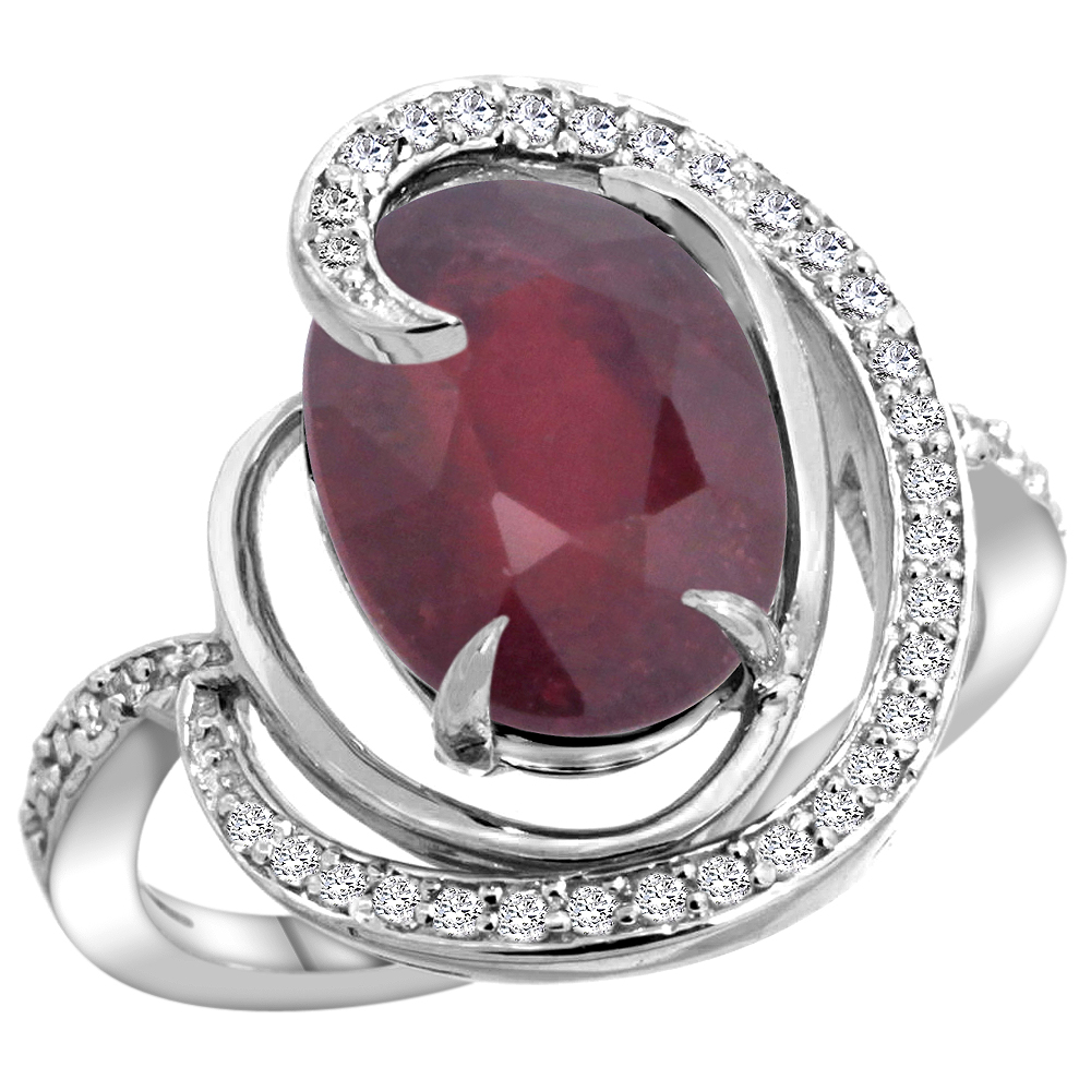 14k White Gold Natural Enhanced Ruby Ring Oval 12x10mm Diamond Accents, sizes 5 - 10