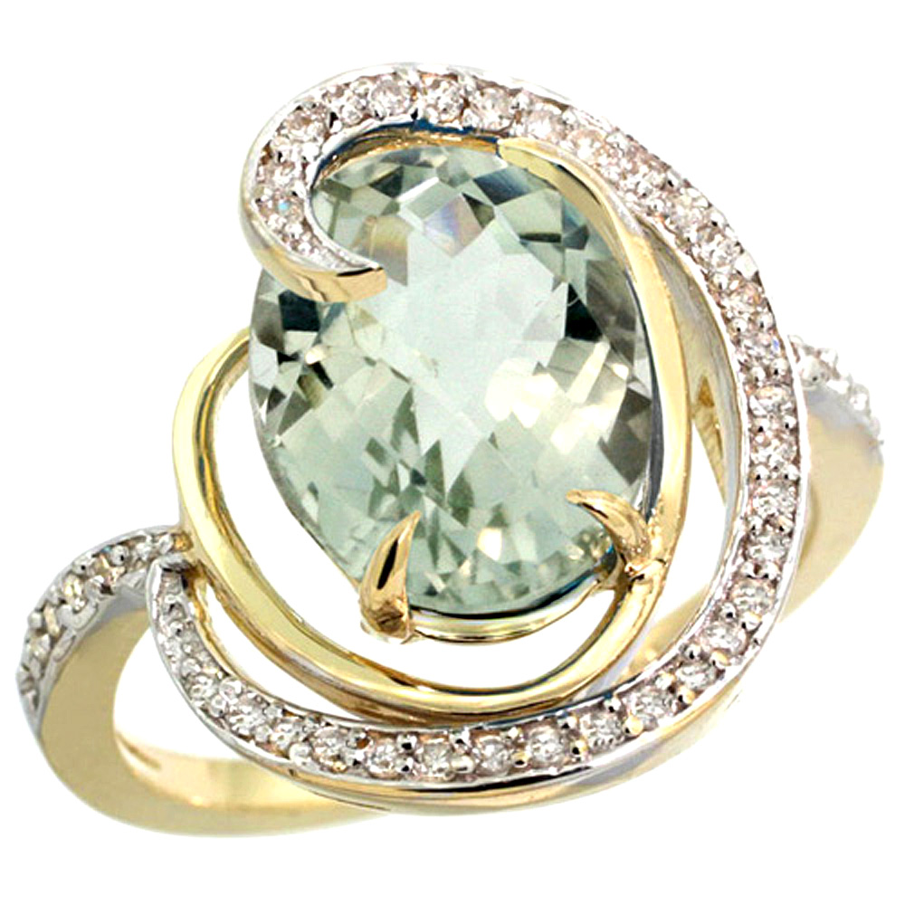 14k Yellow Gold Natural Green Amethyst Ring Oval 12x10mm Diamond Accents, sizes 5 - 10