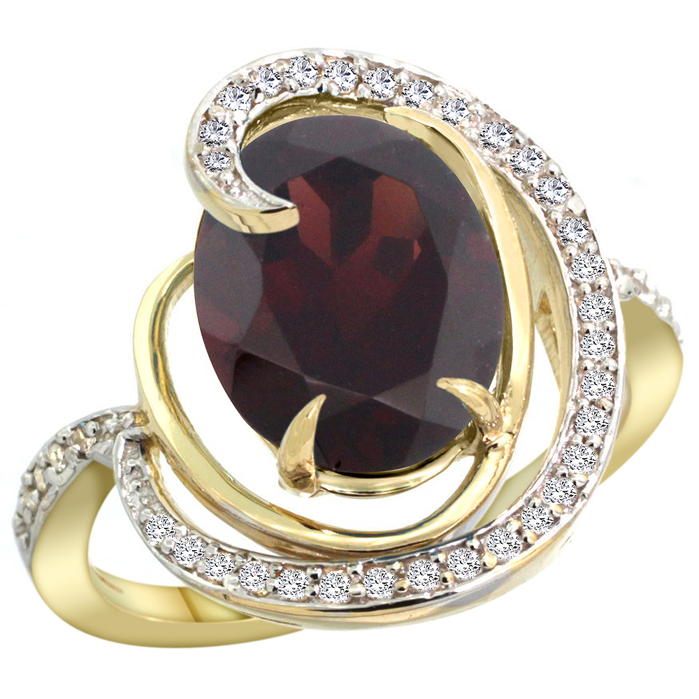 14k Yellow Gold Natural Garnet Ring Oval 12x10mm Diamond Accents, sizes 5 - 10