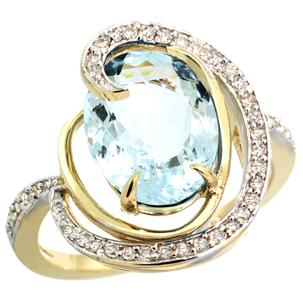 14k Yellow Gold Natural Aquamarine Ring Oval 12x10mm Diamond Accents, sizes 5 - 10