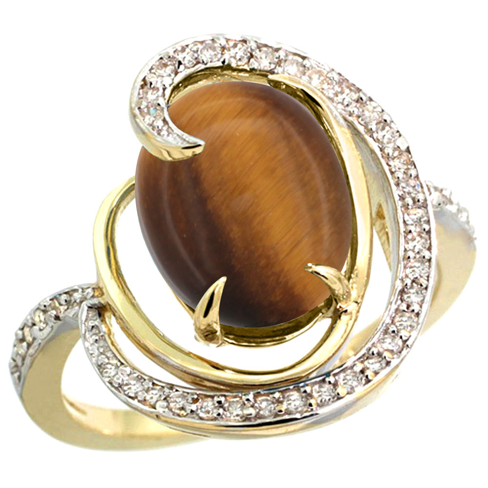 14k Yellow Gold Natural Tiger Eye Ring Oval 12x10mm Diamond Accents, sizes 5 - 10
