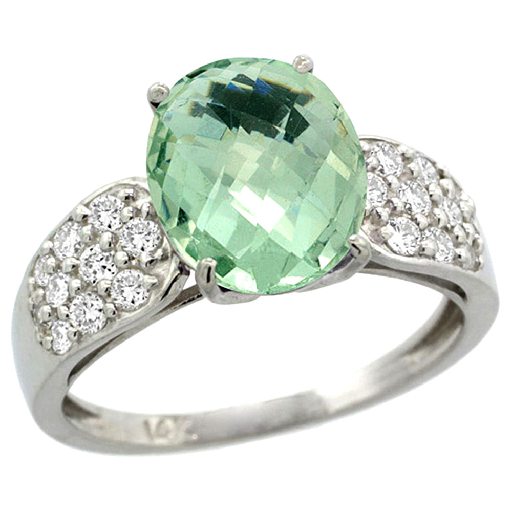 14k White Gold Natural Green Amethyst Ring Oval 10x8mm Diamond Accent, 7/16inch wide, sizes 5 - 10