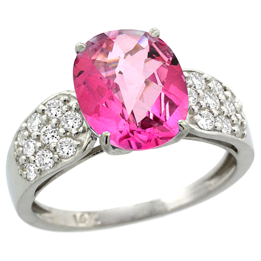 14k White Gold Natural Pink Topaz Ring Oval 10x8mm Diamond Accent, 7/16inch wide, sizes 5 - 10