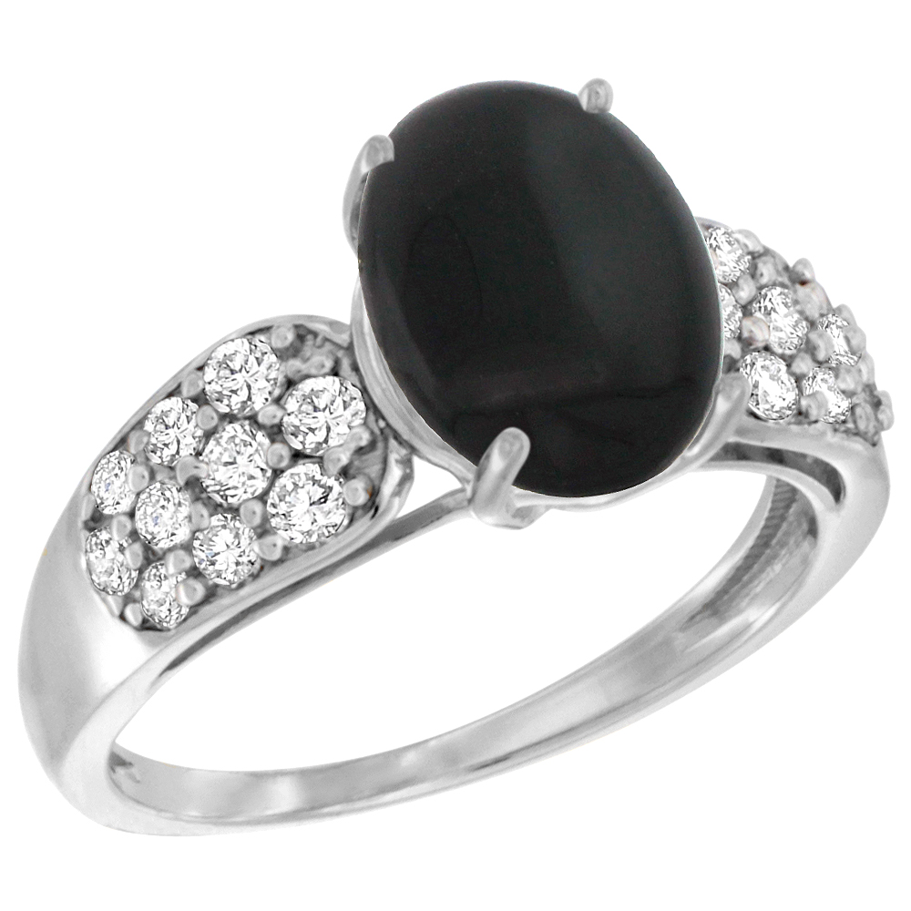 14k White Gold Natural Black Onyx Ring Oval 10x8mm Diamond Accent, 7/16inch wide, sizes 5 - 10