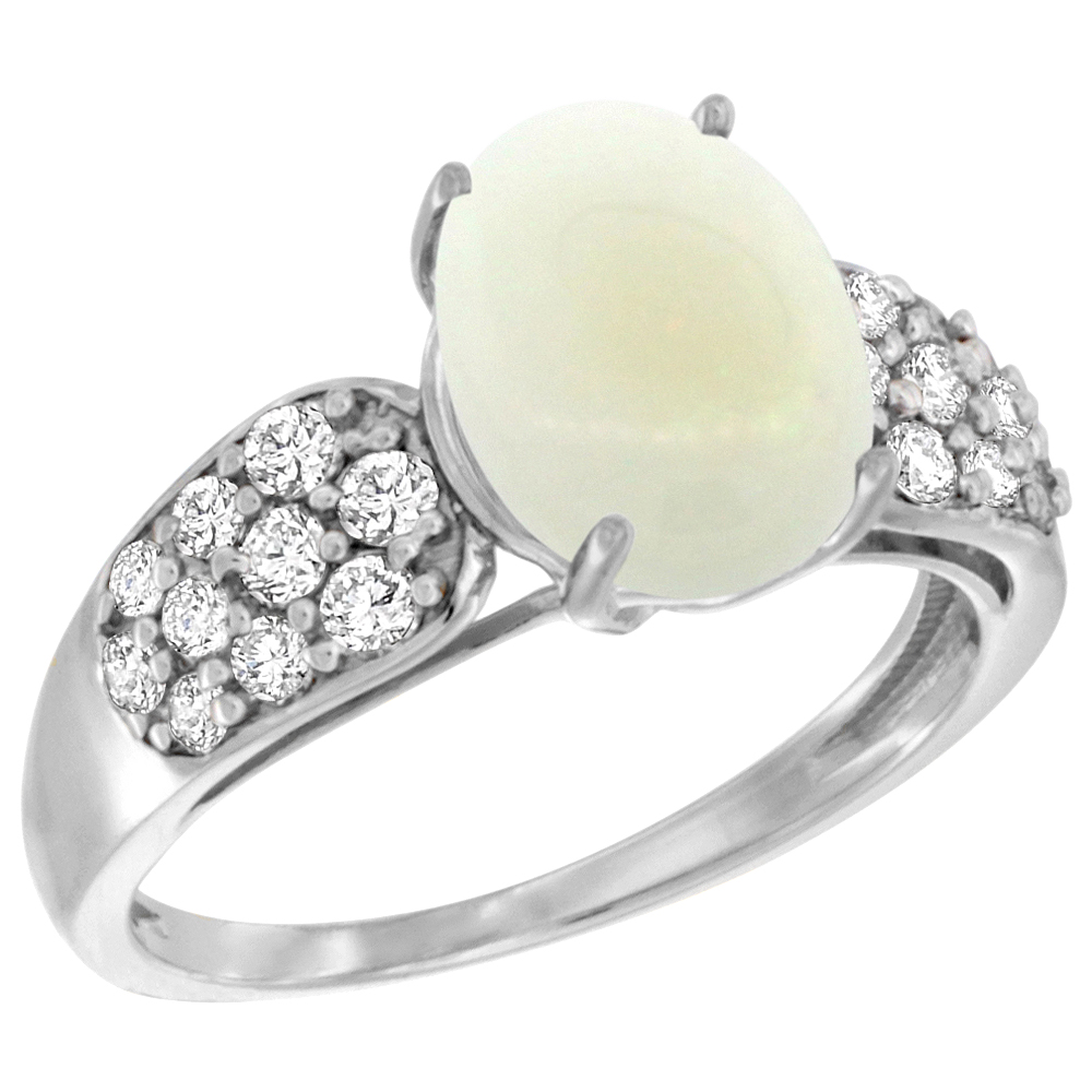 14k White Gold Natural Opal Ring Oval 10x8mm Diamond Accent, 7/16inch wide, sizes 5 - 10