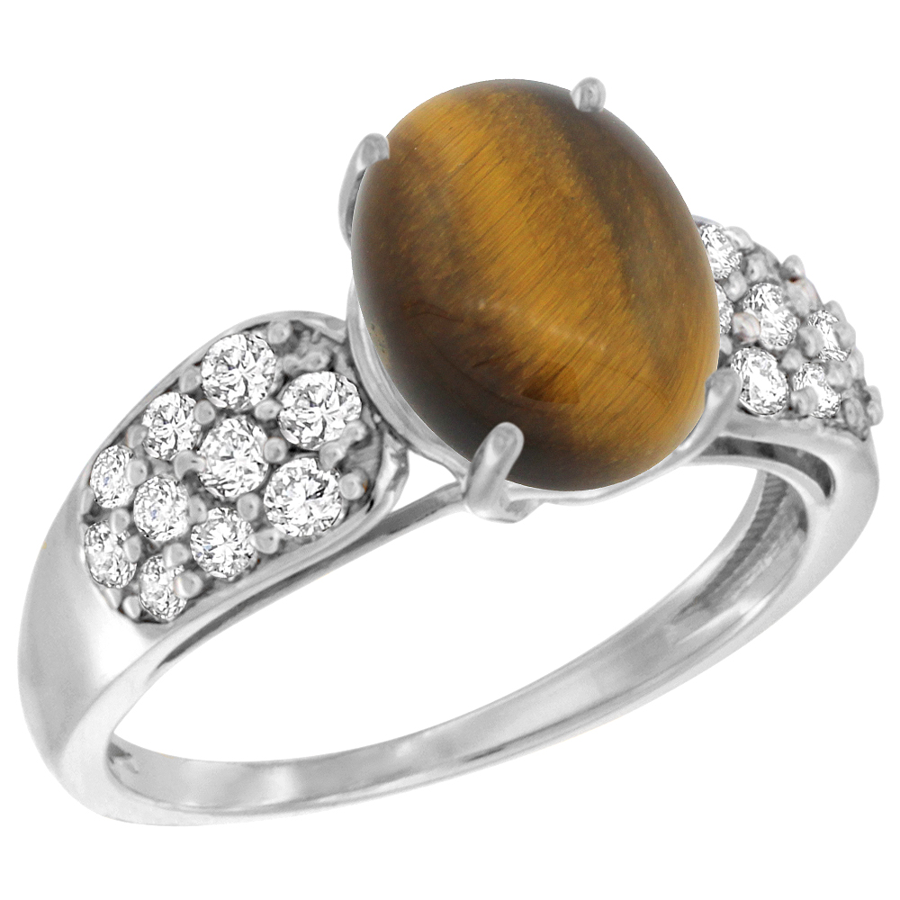 14k White Gold Natural Tiger Eye Ring Oval 10x8mm Diamond Accent, 7/16inch wide, sizes 5 - 10