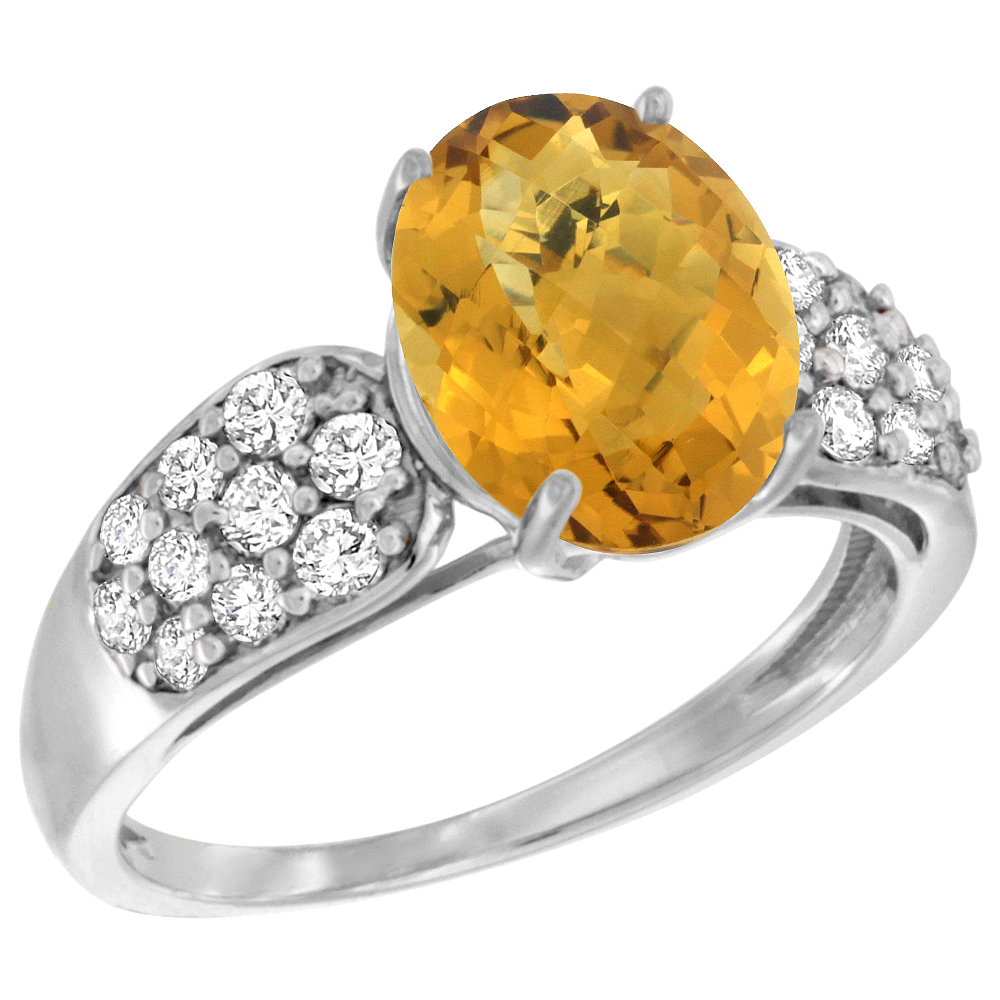 14k White Gold Natural Whisky Quartz Ring Oval 10x8mm Diamond Accent, 7/16inch wide, sizes 5 - 10