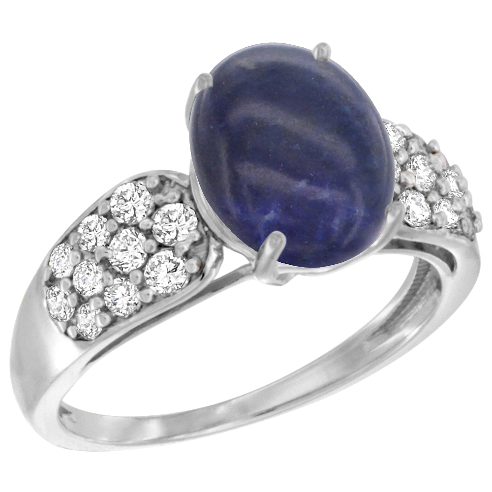 14k White Gold Natural Lapis Ring Oval 10x8mm Diamond Accent, 7/16inch wide, sizes 5 - 10
