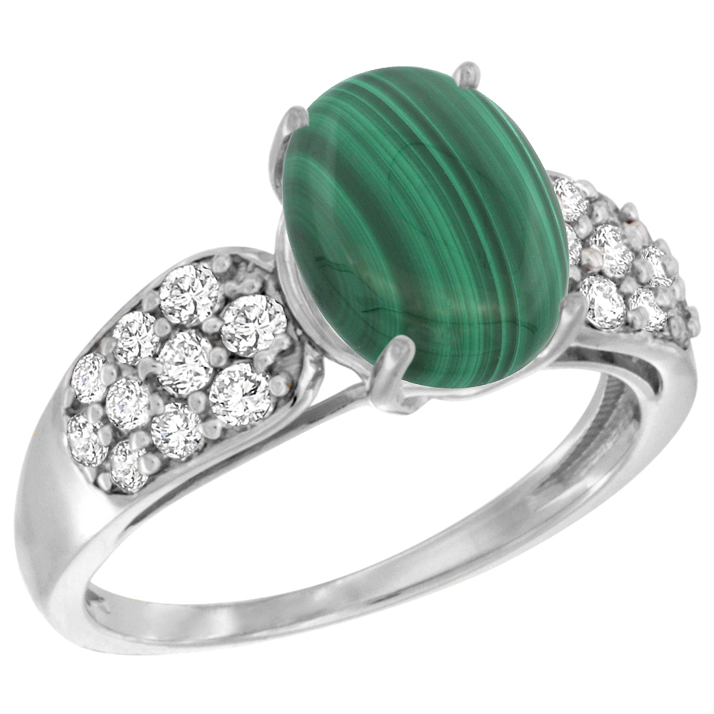 14k White Gold Natural Malachite Ring Oval 10x8mm Diamond Accent, 7/16inch wide, sizes 5 - 10