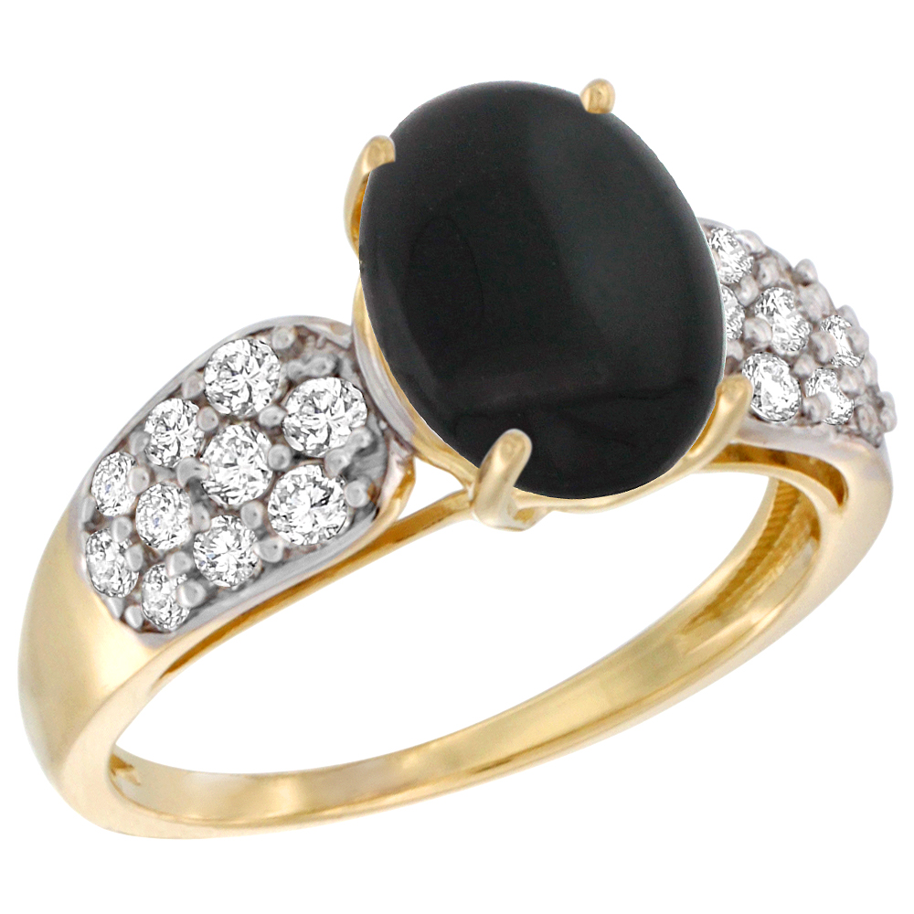 14k Yellow Gold Natural Black Onyx Ring Oval 10x8mm Diamond Accent, 7/16inch wide, sizes 5 - 10