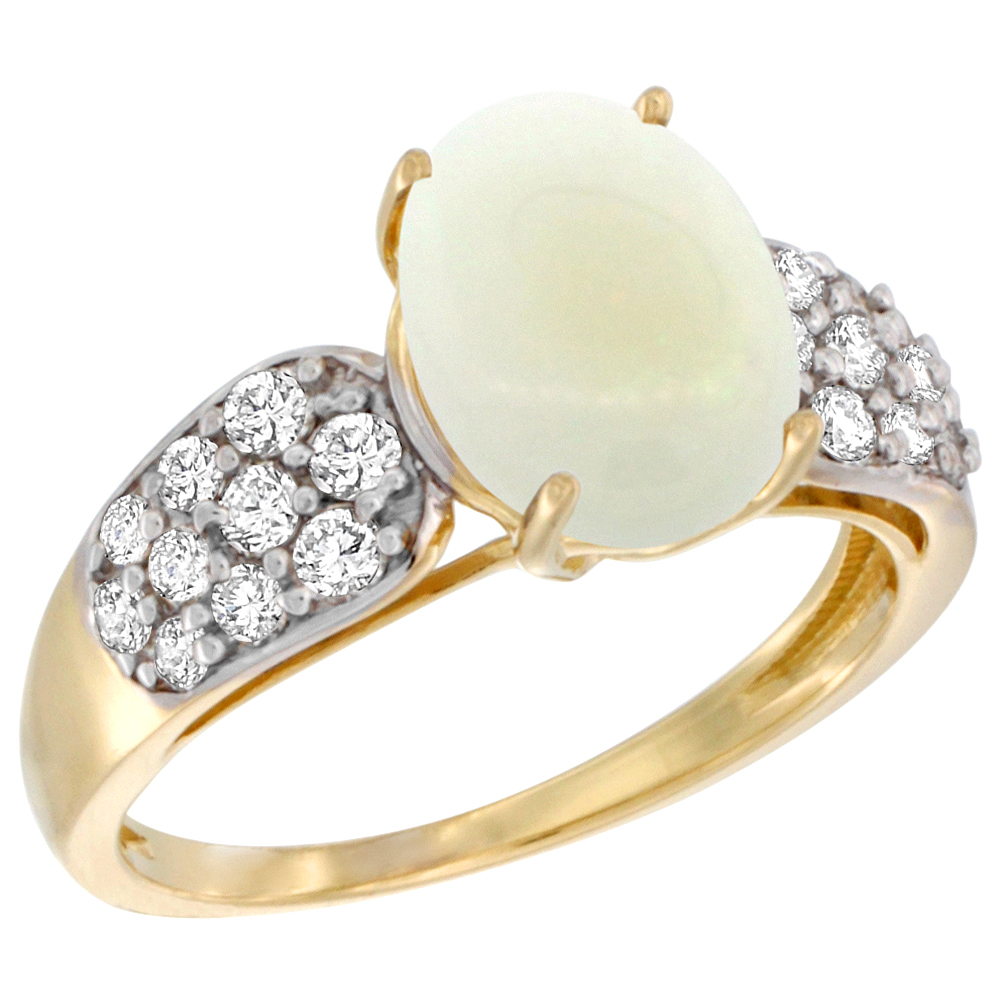 14k Yellow Gold Natural Opal Ring Oval 10x8mm Diamond Accent, 7/16inch wide, sizes 5 - 10