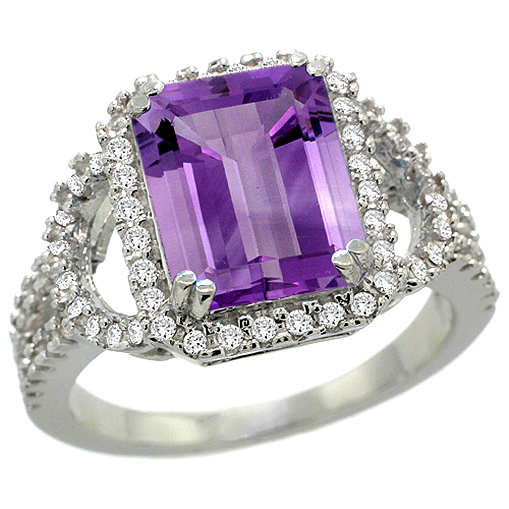 14k White Gold Natural Amethyst Ring Octagon 10x8mm Diamond Halo, 1/2inch wide, sizes 5 - 10