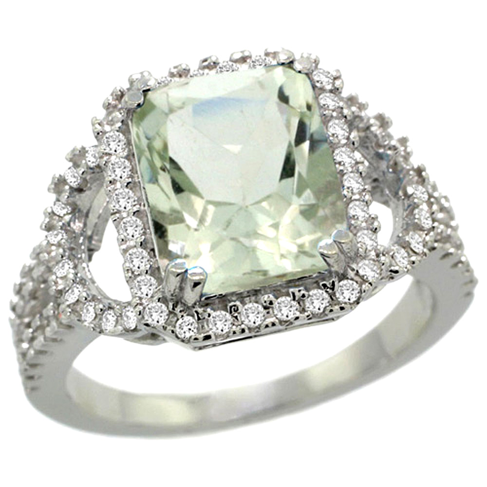 14k White Gold Natural Green Amethyst Ring Octagon 10x8mm Diamond Halo, 1/2inch wide, sizes 5 - 10