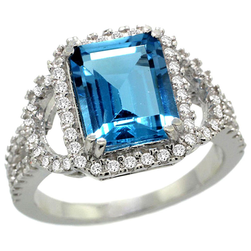 14k White Gold Natural Swiss Blue Topaz Ring Octagon 10x8mm Diamond Halo, 1/2inch wide, sizes 5 - 10