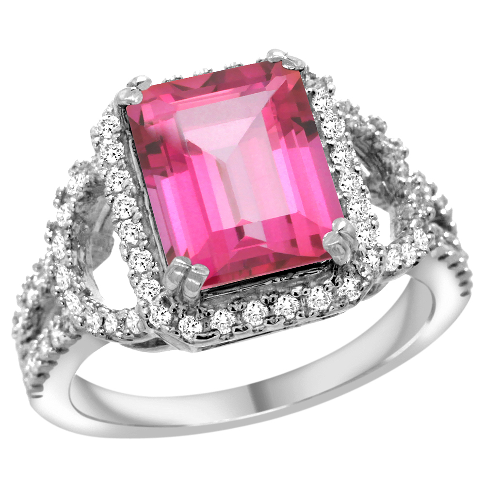14k White Gold Natural Pink Topaz Ring Octagon 10x8mm Diamond Halo, 1/2inch wide, sizes 5 - 10