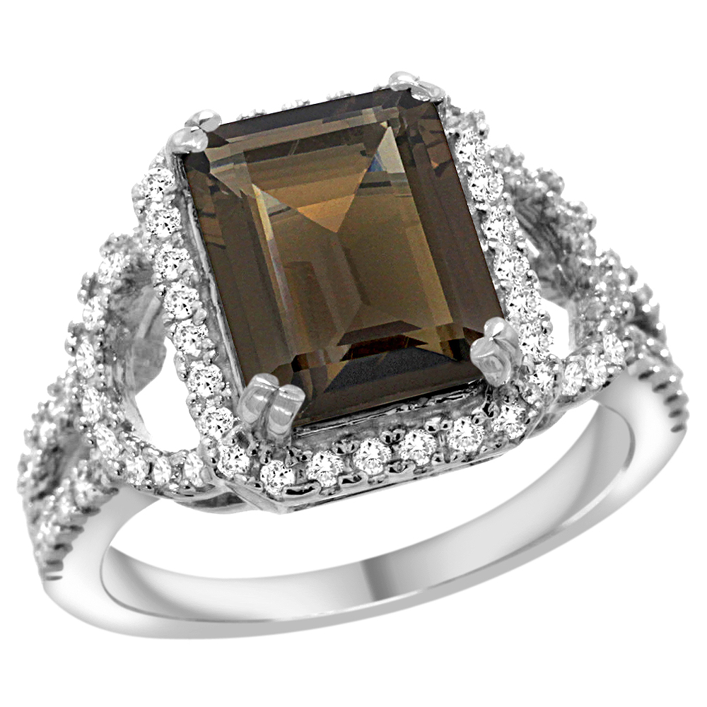 14k White Gold Natural Smoky Topaz Ring Octagon 10x8mm Diamond Halo, 1/2inch wide, sizes 5 - 10