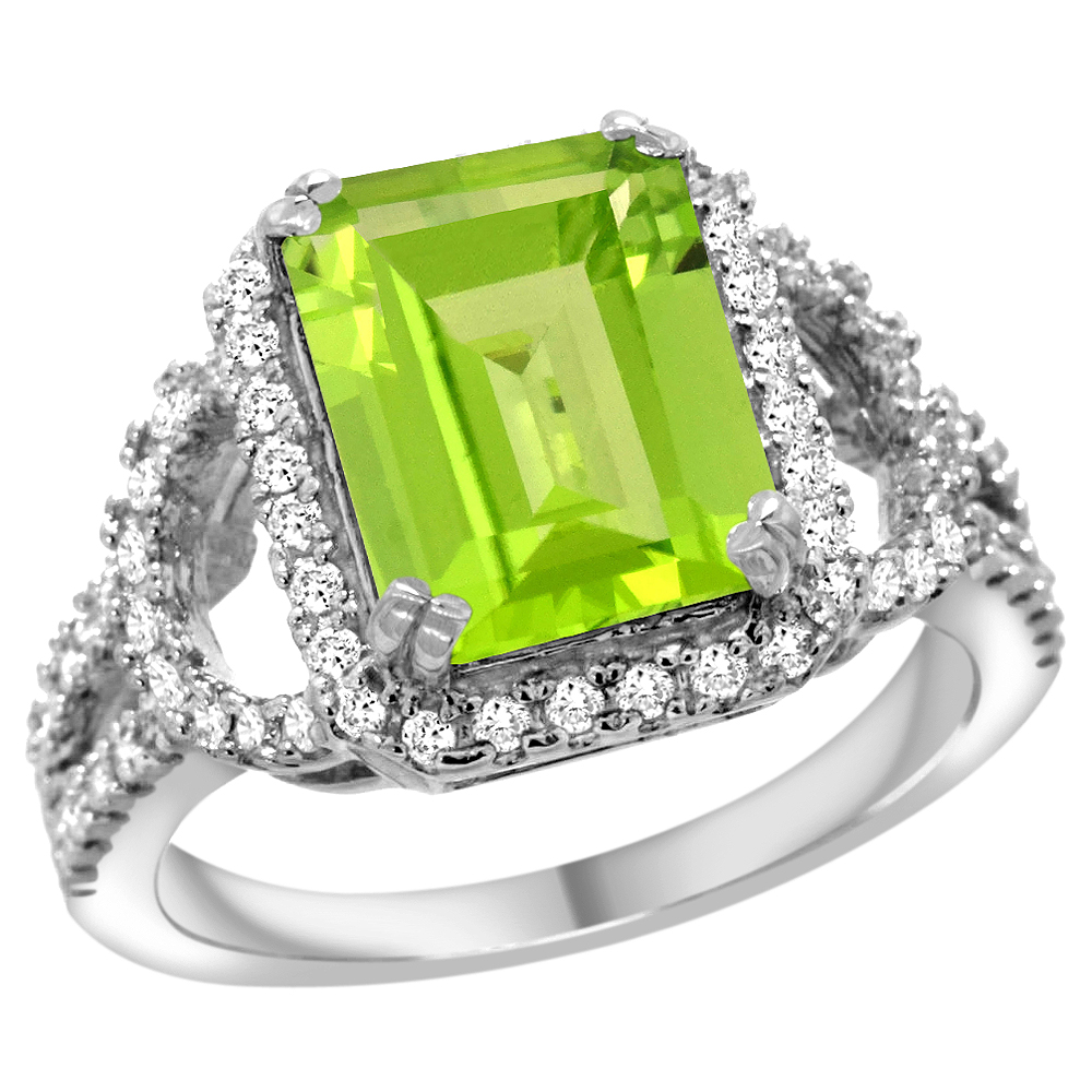 14k White Gold Natural Peridot Ring Octagon 10x8mm Diamond Halo, 1/2inch wide, sizes 5 - 10