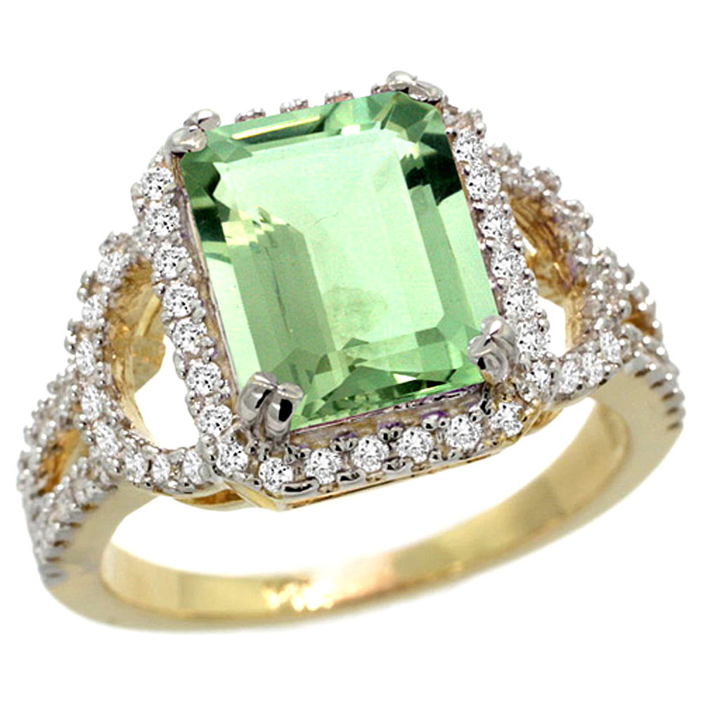 14k Yellow Gold Natural Green Amethyst Ring Octagon 10x8mm Diamond Halo, 1/2inch wide, sizes 5 - 10