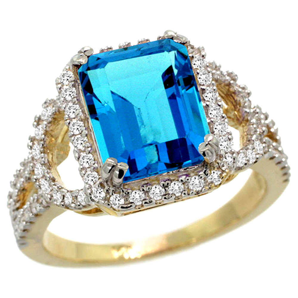 14k Yellow Gold Natural Swiss Blue Topaz Ring Octagon 10x8mm Diamond Halo, 1/2inch wide, sizes 5 - 10