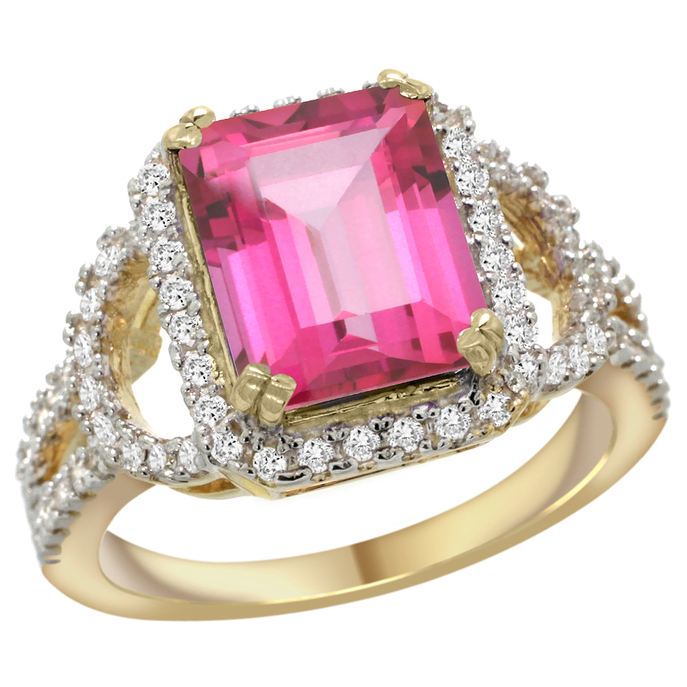 14k Yellow Gold Natural Pink Topaz Ring Octagon 10x8mm Diamond Halo, 1/2inch wide, sizes 5 - 10
