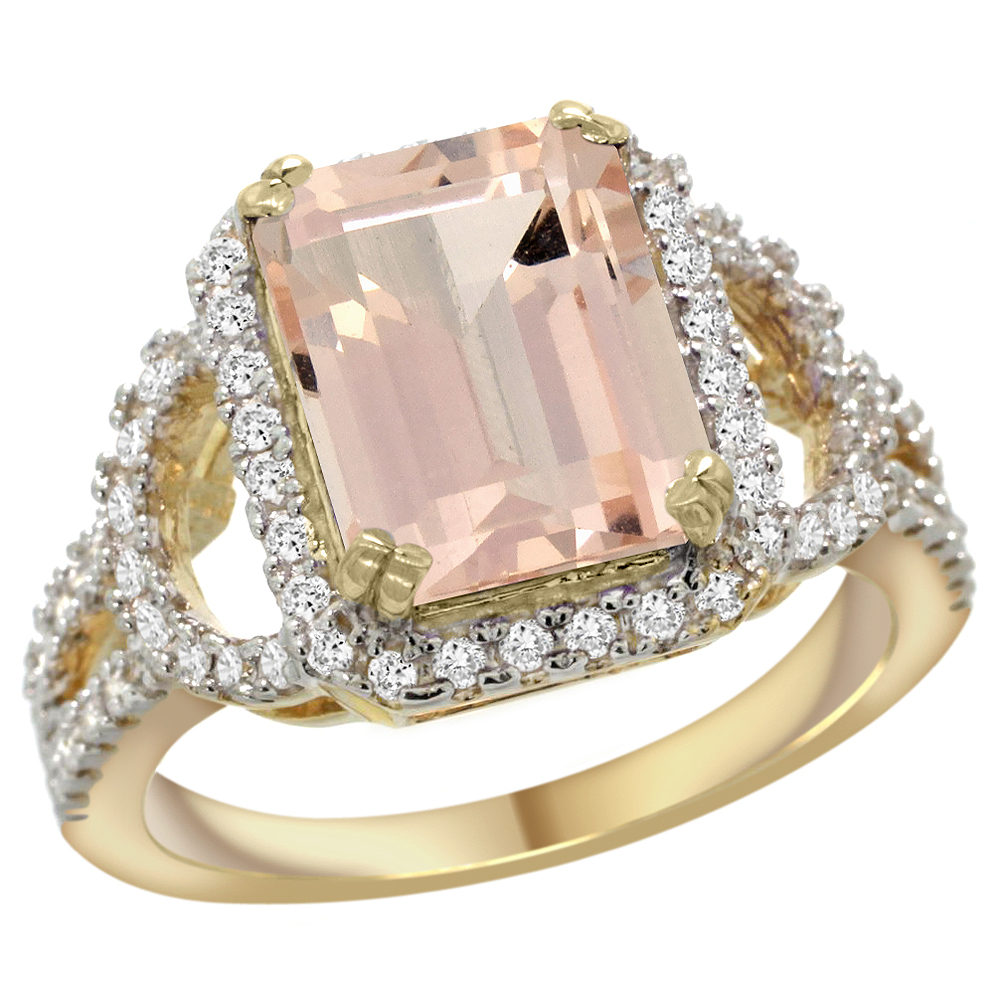 14k Yellow Gold Natural Morganite Ring Octagon 10x8mm Diamond Halo, 1/2inch wide, sizes 5 - 10
